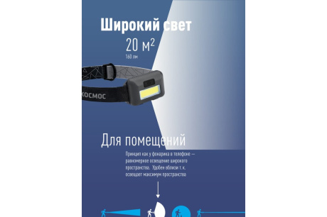 Купить Светодиодный налобный фонарь КОСМОС KOC-H101-COB 3Вт СОВ. 3 режима работы 511073 фото №7
